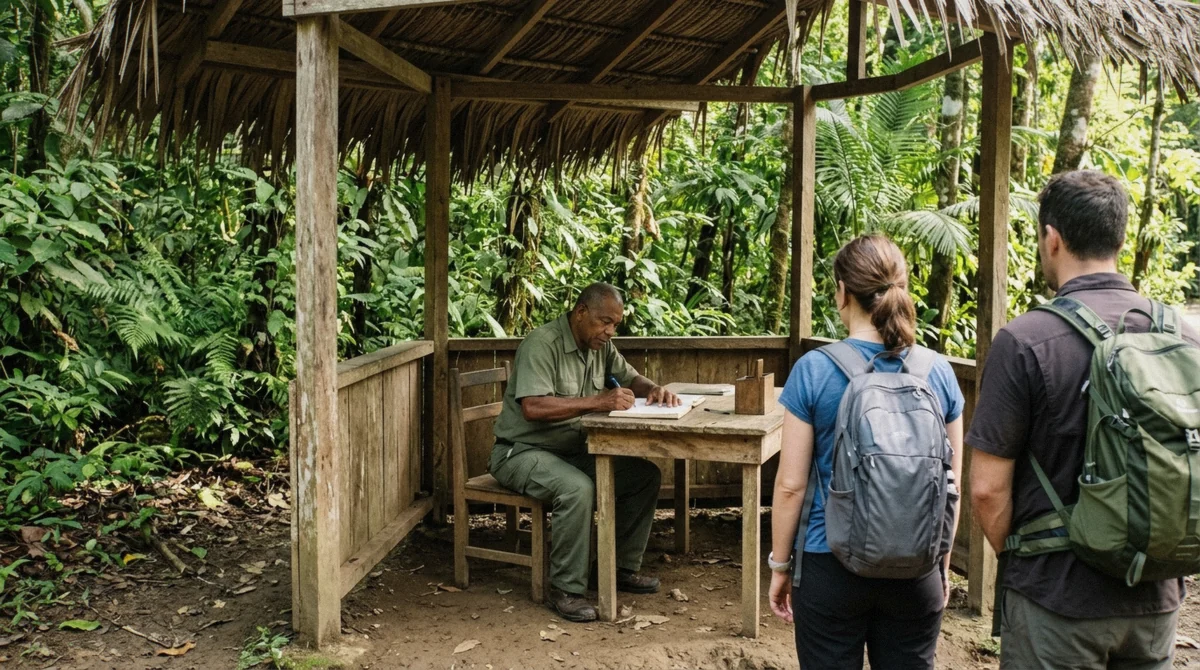 A ranger station gate marking the entry point where visitors pay the Corcovado national park entrance fee on the Osa Peninsula
