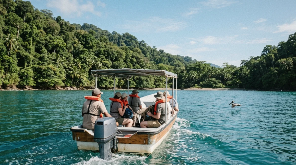 Small boat crossing calm water toward the Osa Peninsula coastline, one of the ways to get to Corcovado National Park