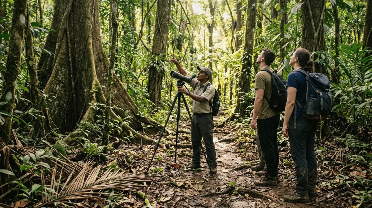 A guide pointing out wildlife on a trail during guided Corcovado National Park tours in the Osa Peninsula rainforest