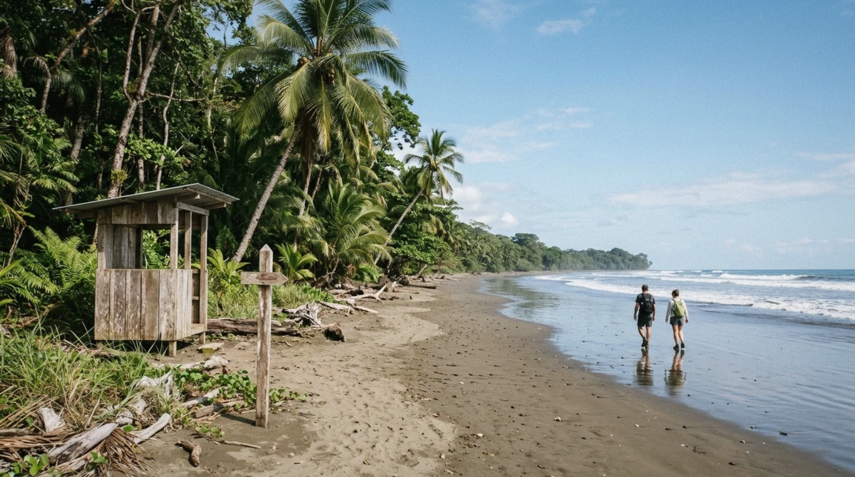 A ranger station sign marking one of the four Corcovado national park entrances on the Osa Peninsula, Costa Rica
