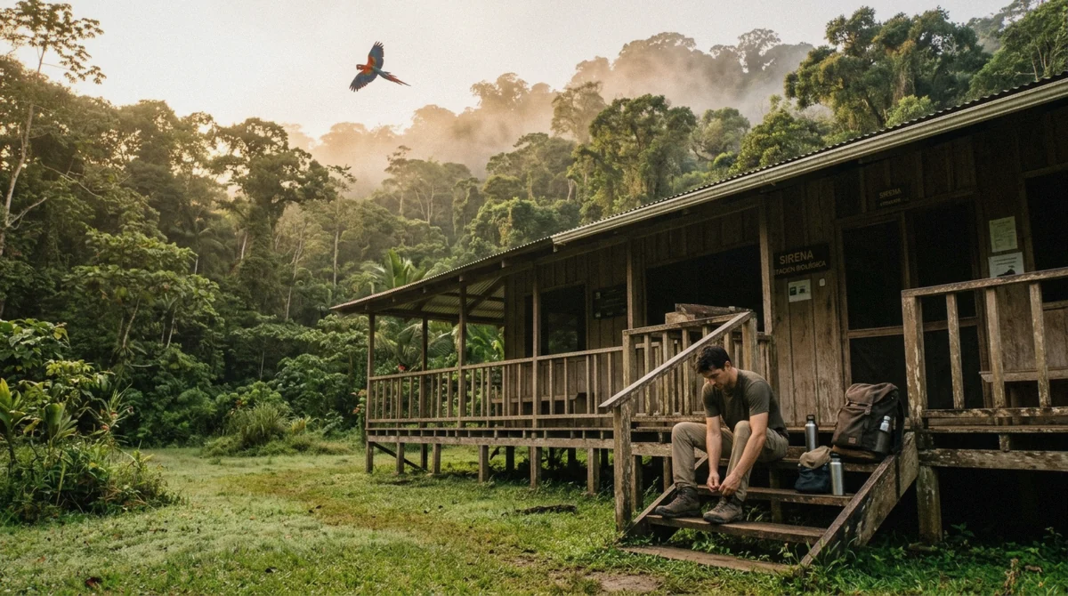 Sirena ranger station at last light on the Osa Peninsula, the setting for a Corcovado day trip vs overnight comparison